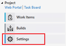 Screenshot of Team Explorer Home page for Visual Studio 2019 showing the Settings option highlighted.