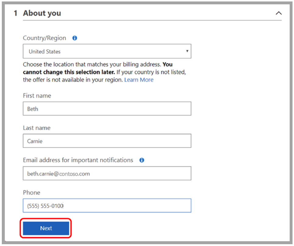 Enter your information and select 'Next'. A screenshot of the About You subscription page.