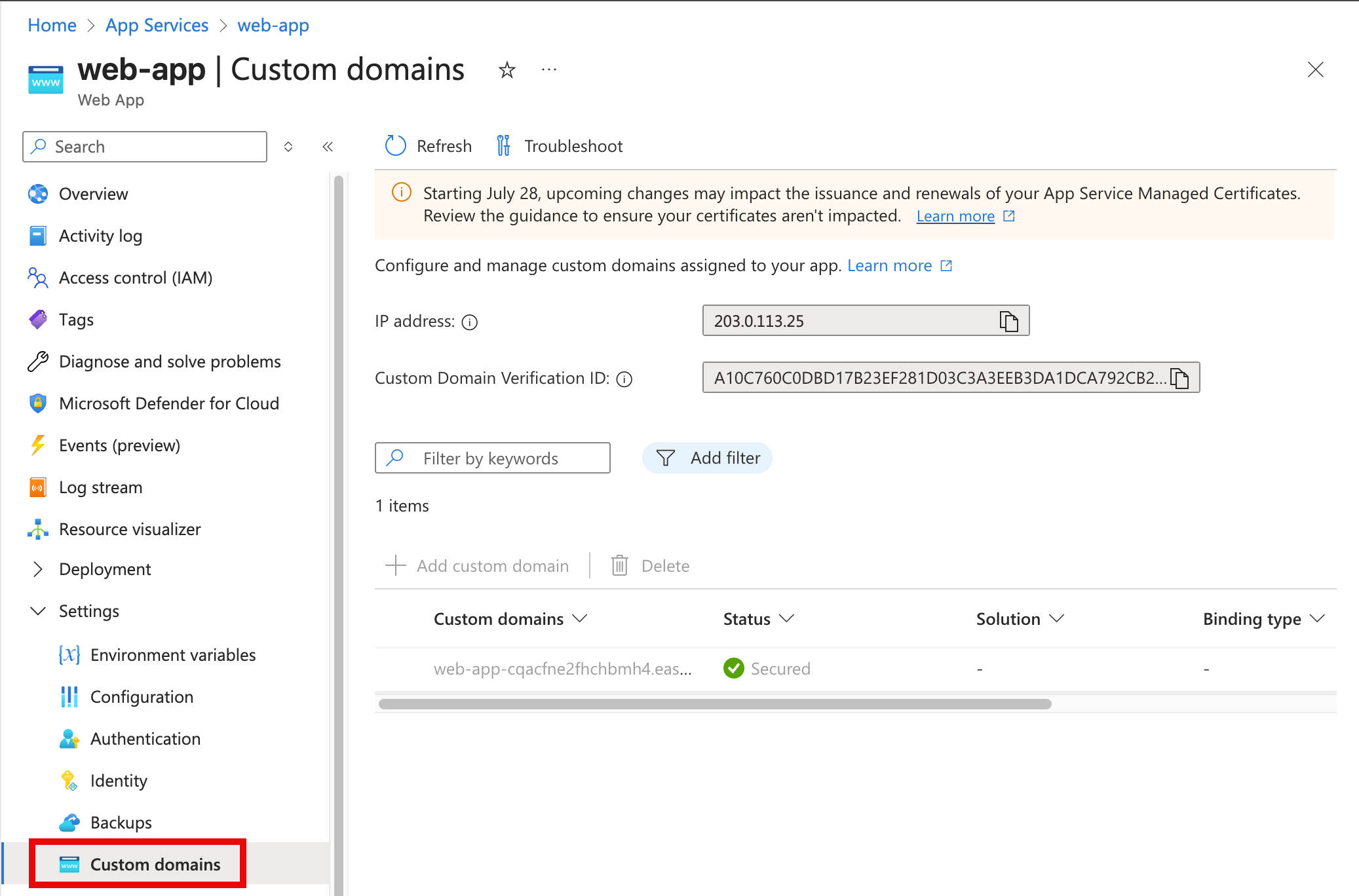 Screenshot of Azure App Service Custom domains page showing the web app IP address.