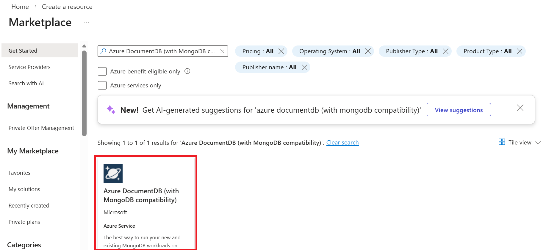 Screenshot showing search for Azure DocumentDB.
