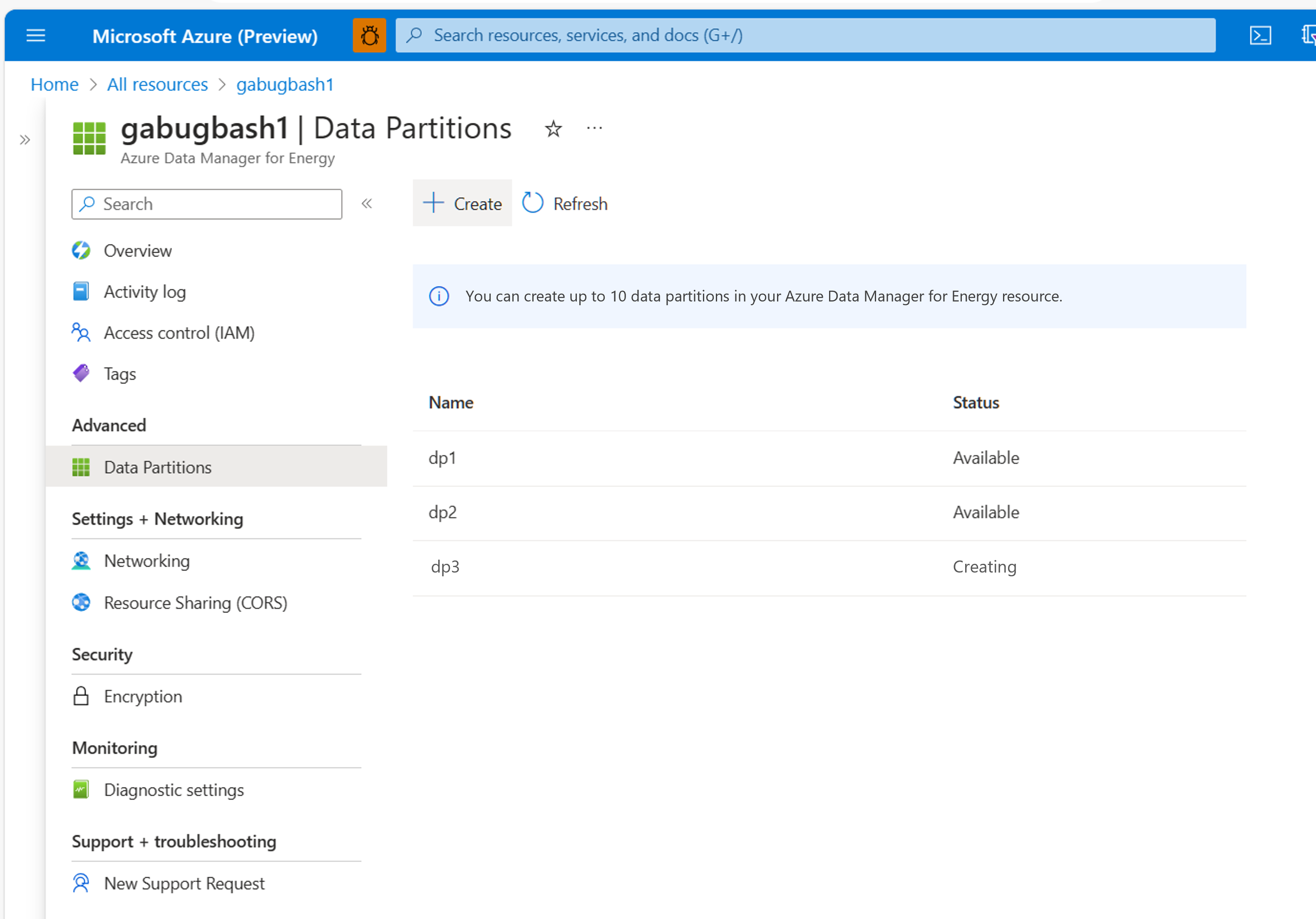 Screenshot for the in progress page for data partitions. The in-progress status of a new data partition that is getting deployed is highlighted.