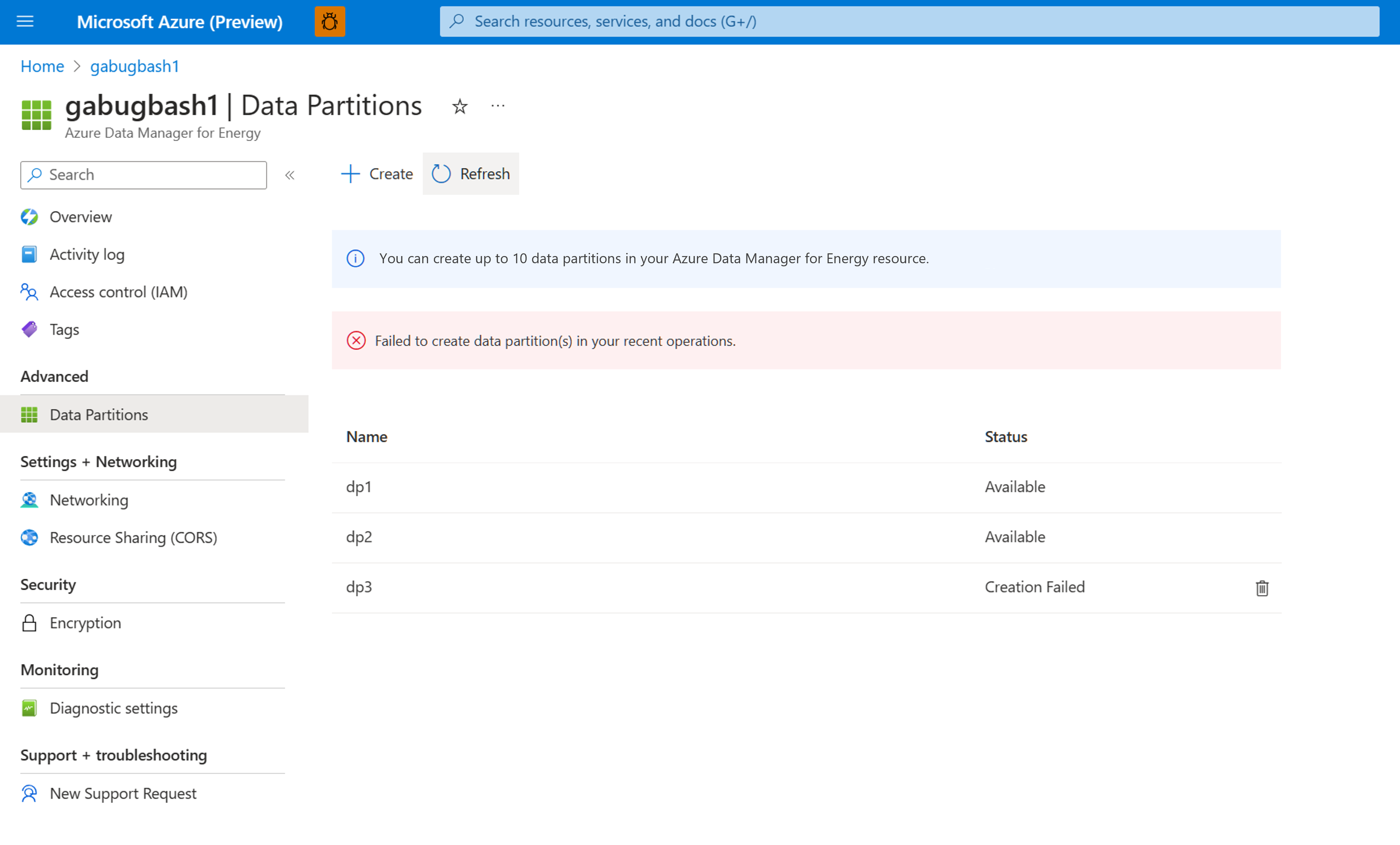 Screenshot for the deleting failed instances page. The button to delete an incorrectly created data partition is available next to the partition's name.