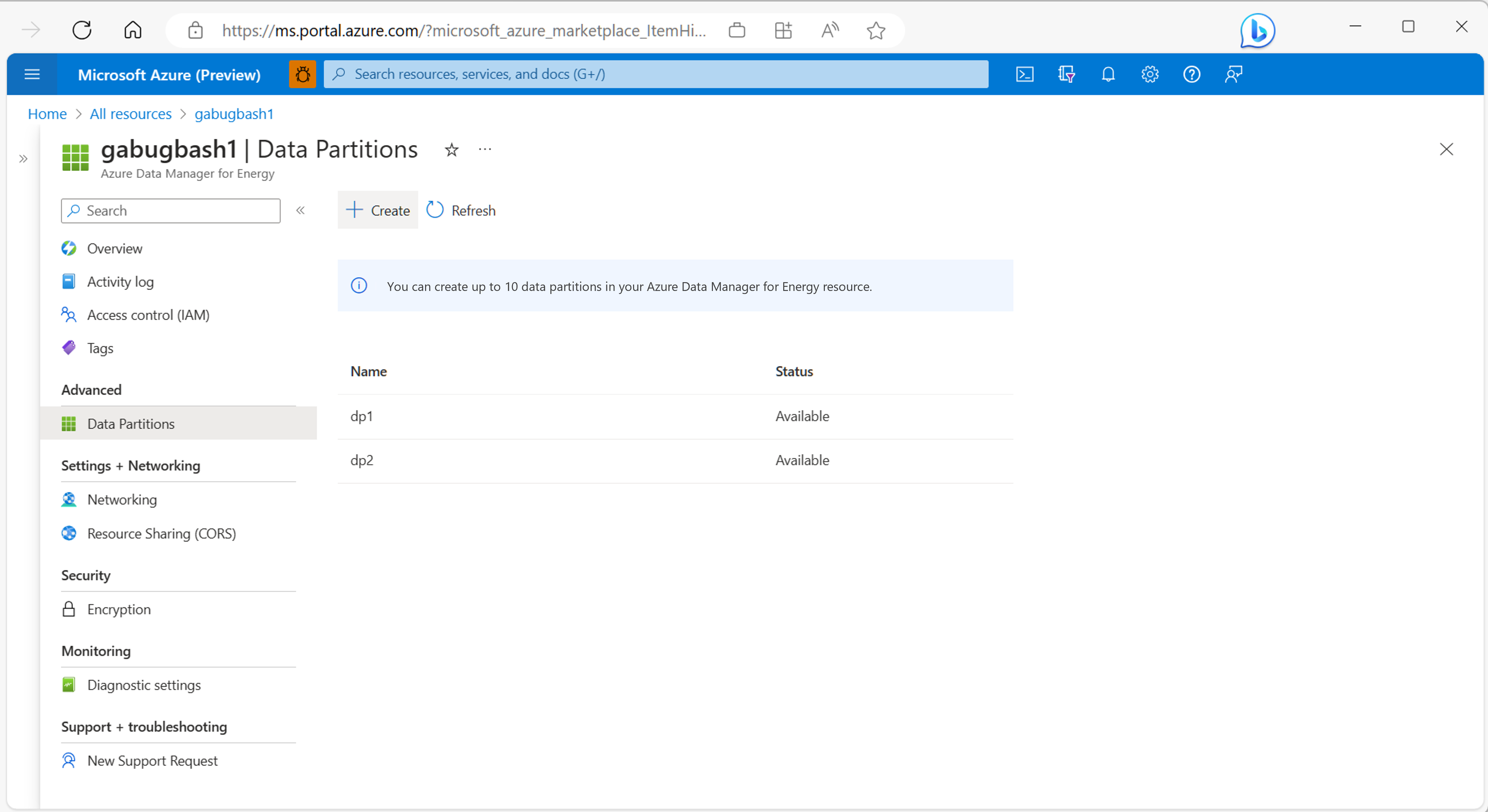 Screenshot to help you locate the create button on the data partitions page. The 'create' button to add a new data partition is highlighted.