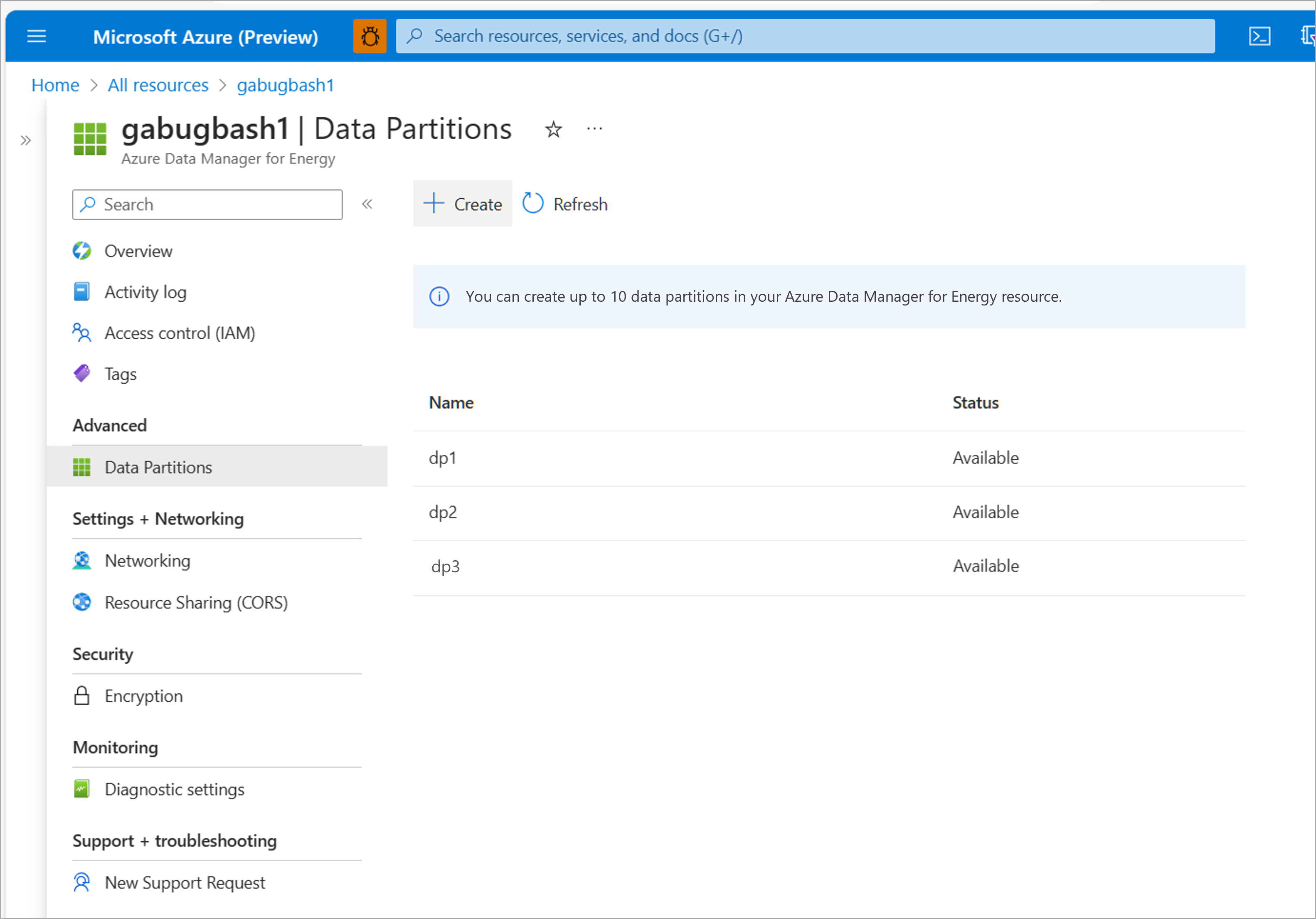 Screenshot for the data partitions page after a partition is successfully created.