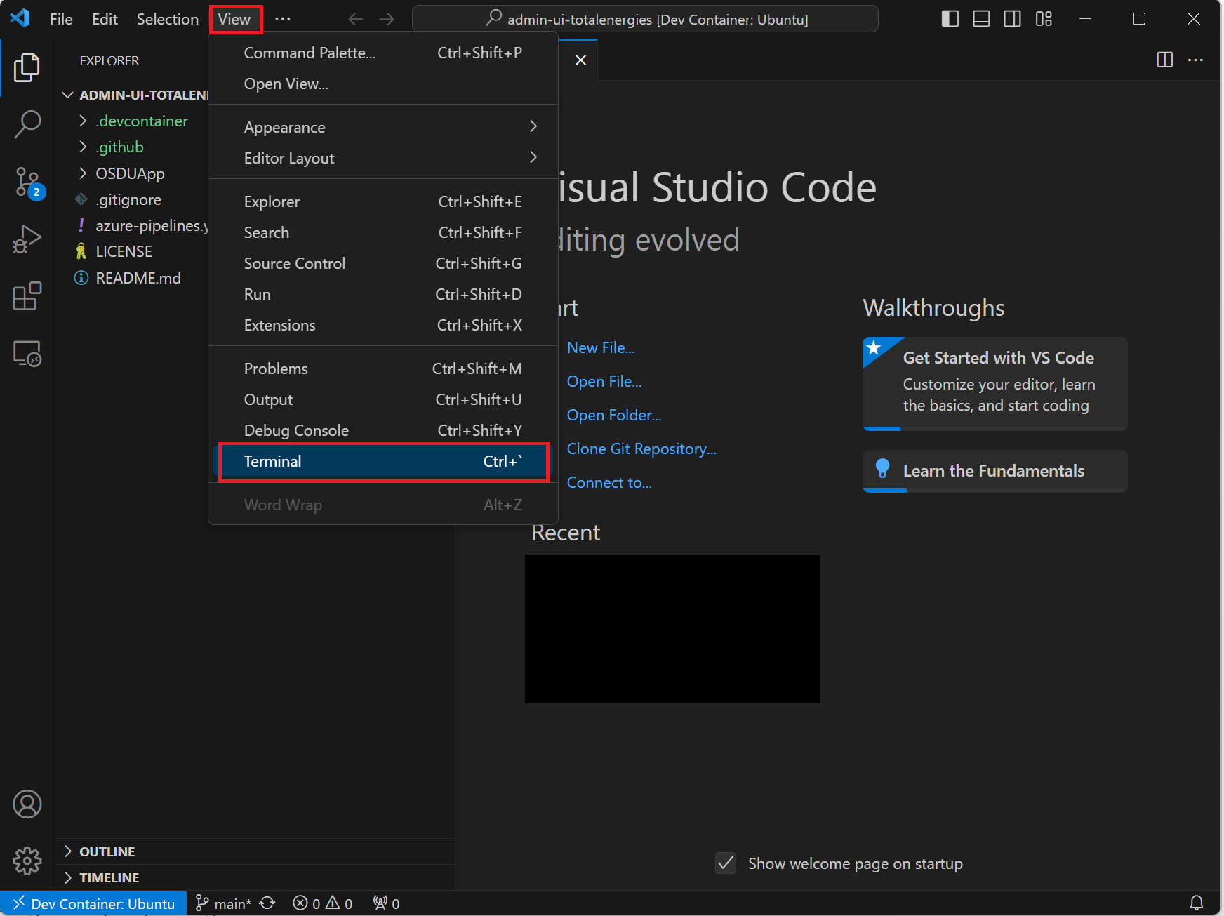 Screenshot that shows opening terminal.