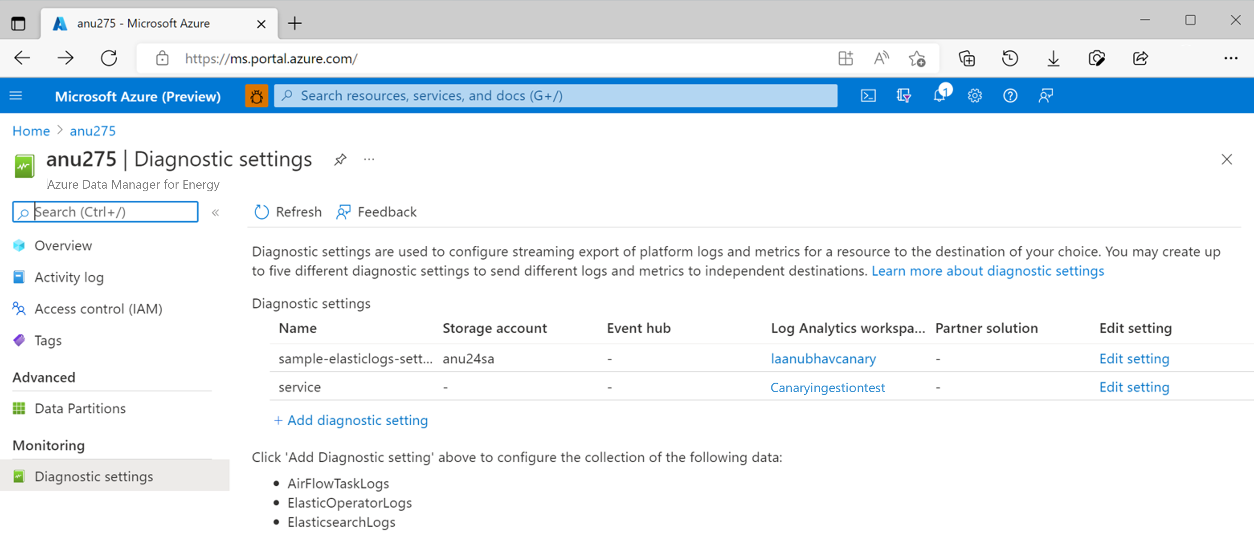 Screenshot for diagnostic settings overview page. The page shows a sample diagnostic setting to link Elasticsearch logs with Azure Monitor.