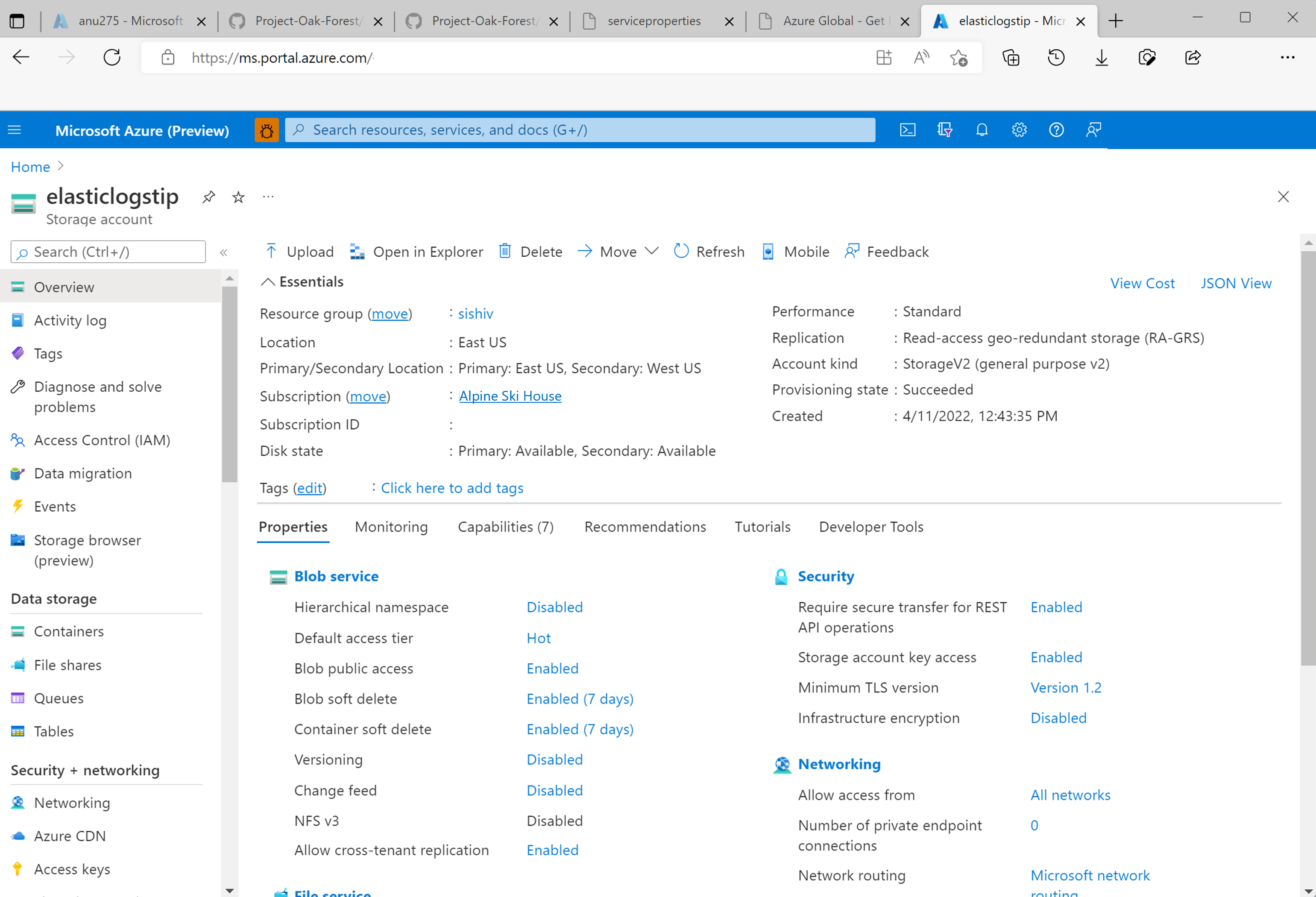 Screenshot for storage account that stores elastic logs. The logs can be viewed by selecting 'containers' under the data storage menu-item.