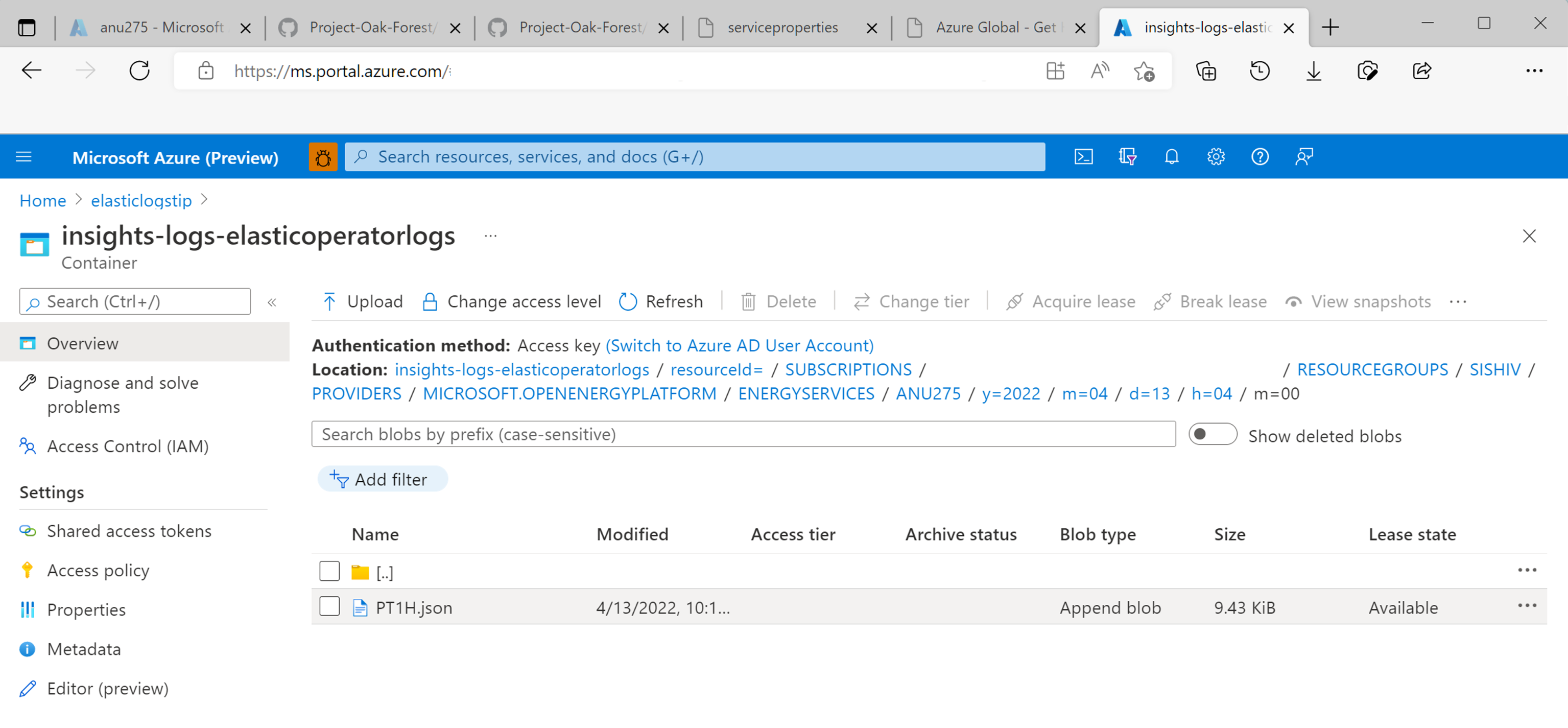 Screenshot for JSON file view in storage account. The image shows tracked path from year, month, data, and time to locate a log file.