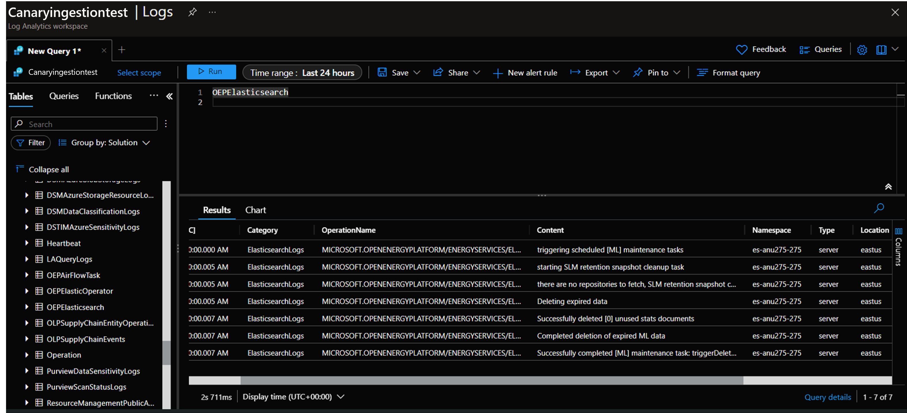 Screenshot for Elasticsearch logs. The image shows the simplest KQL query that shows all logs in the last 24 hours.