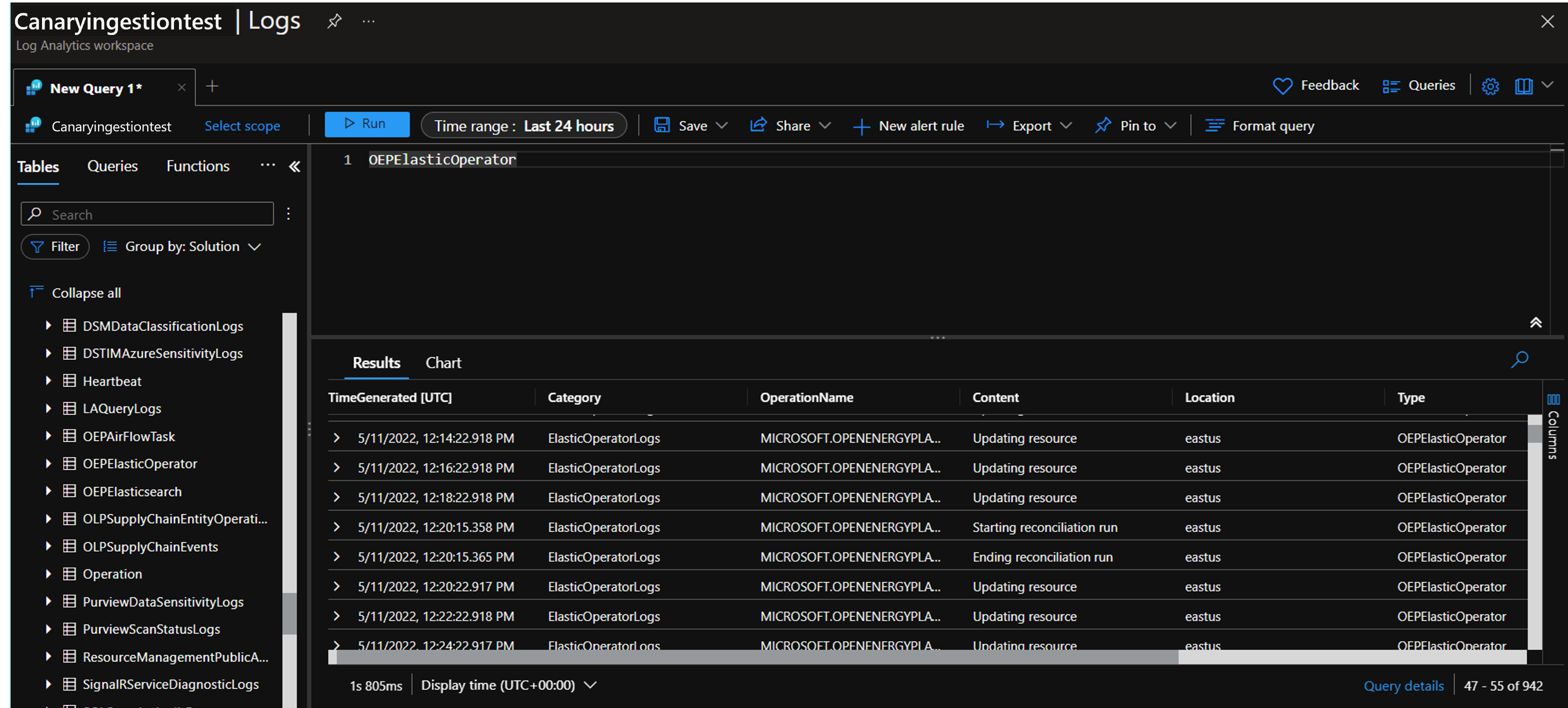 Screenshot for elasticsearch Operator logs. The image shows the simplest KQL query that shows all logs in the last 24 hours.