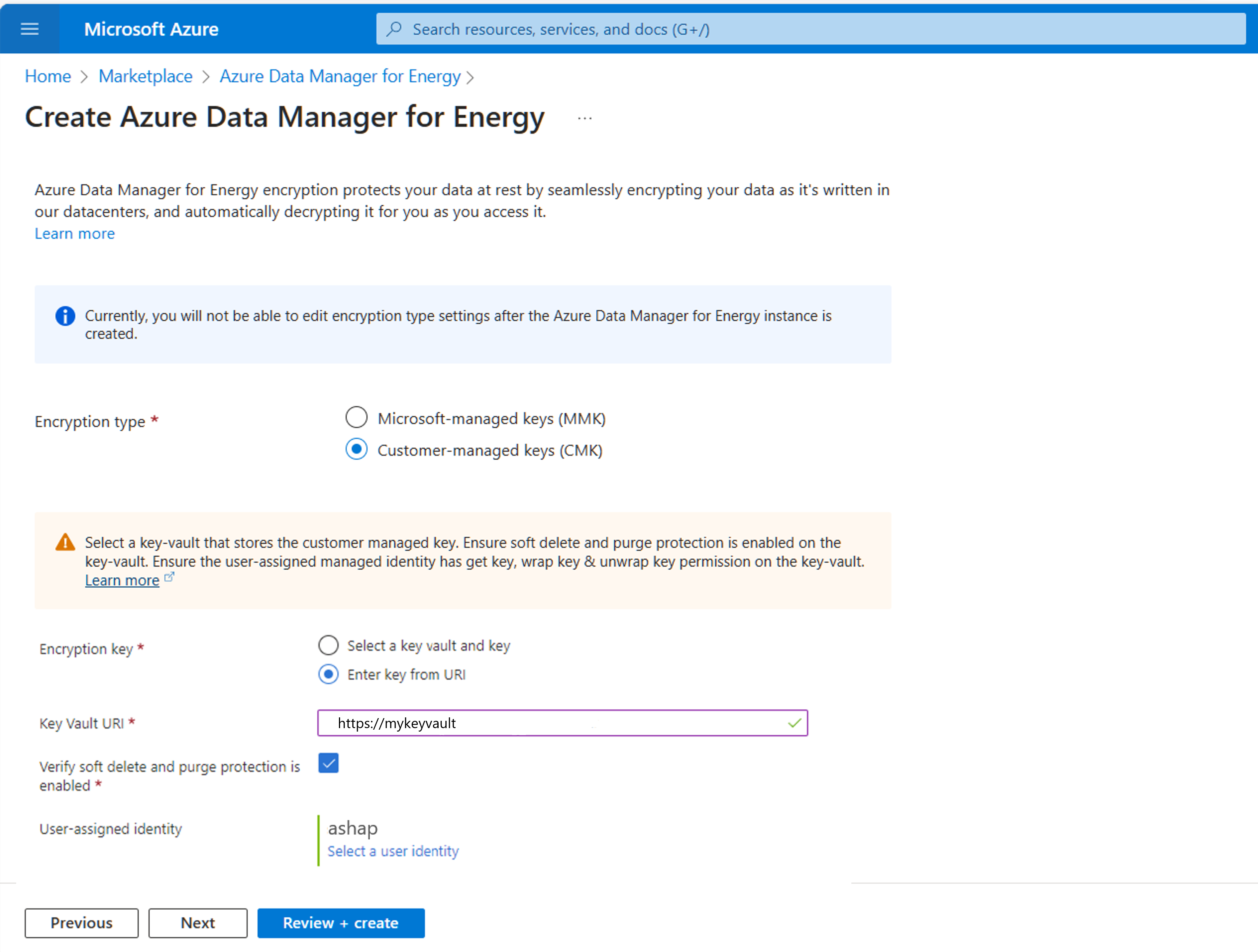 Screenshot of key vault uri for encryption