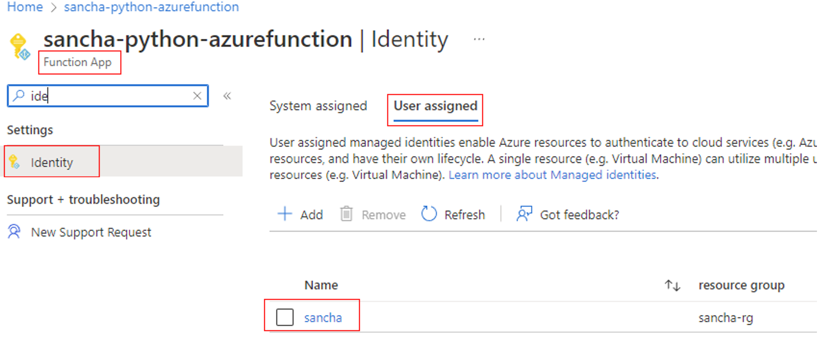 Screenshot of a newly added user-assigned identity to an Azure function.