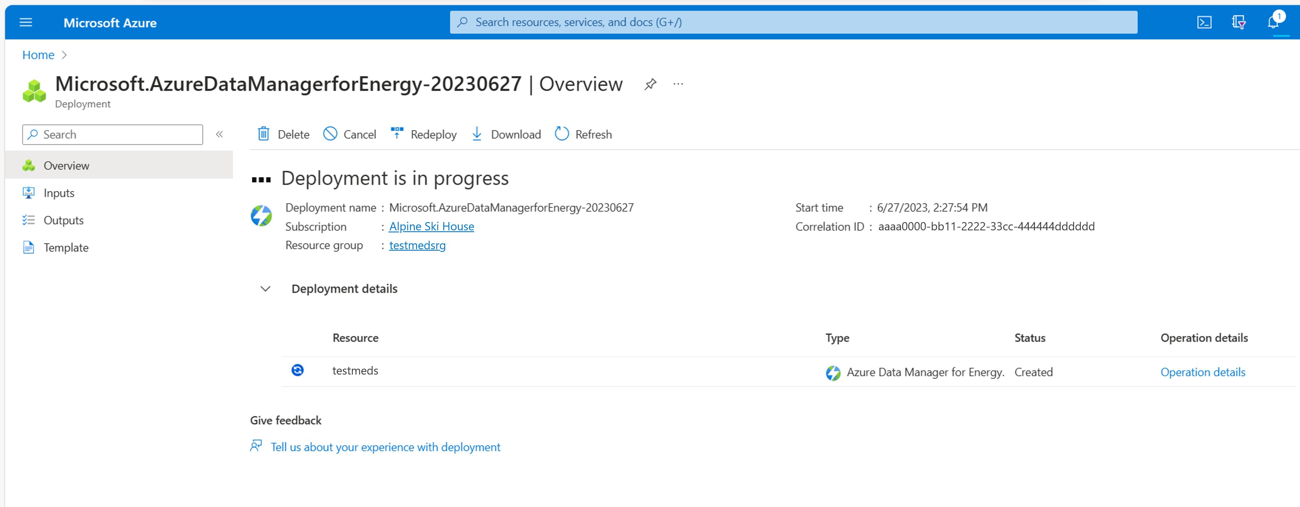 Screenshot of the page that shows deployment in progress and deployment details.
