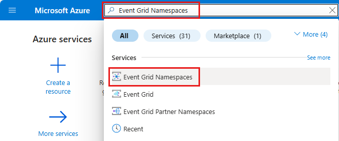 Screenshot showing Event Grid Namespaces in the search results.
