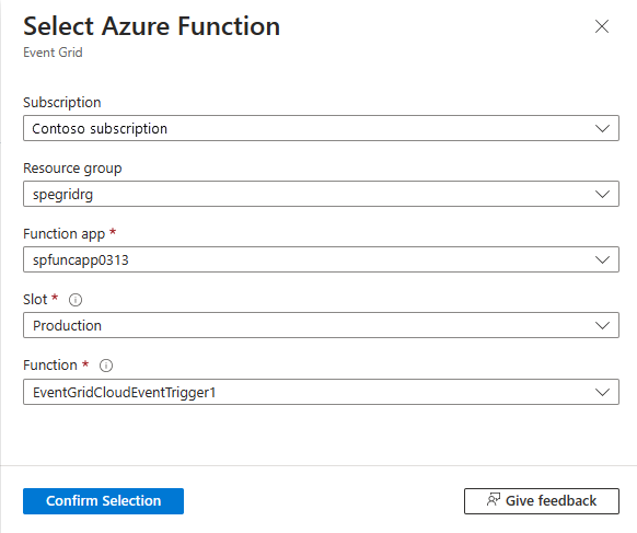 Screenshot that shows the Select Azure function page.