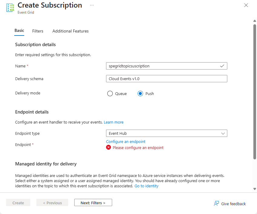 Screenshot that shows the Create Subscription page.
