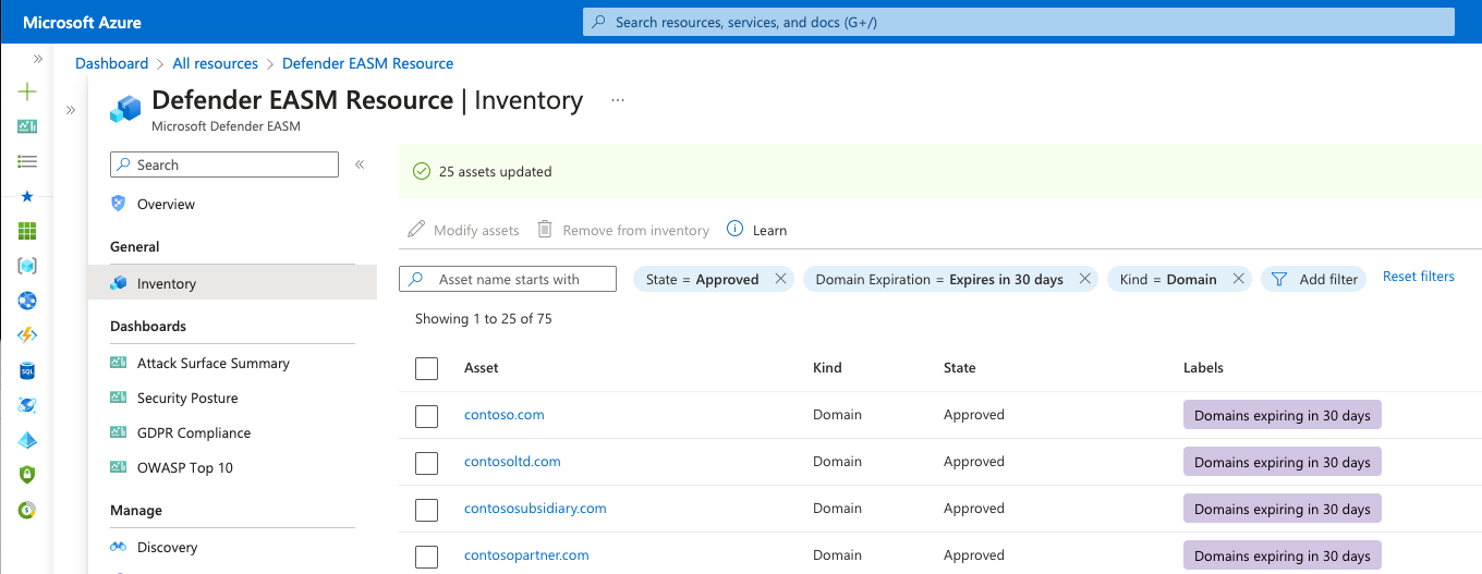 Screenshot that shows the inventory list view with the selected assets now displaying the new label.