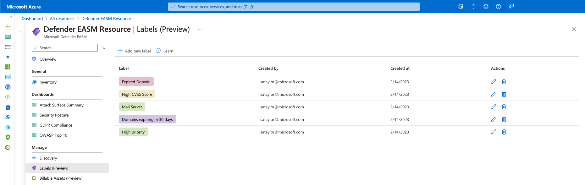 Screenshot that shows the Labels (Preview) page that enables label management.