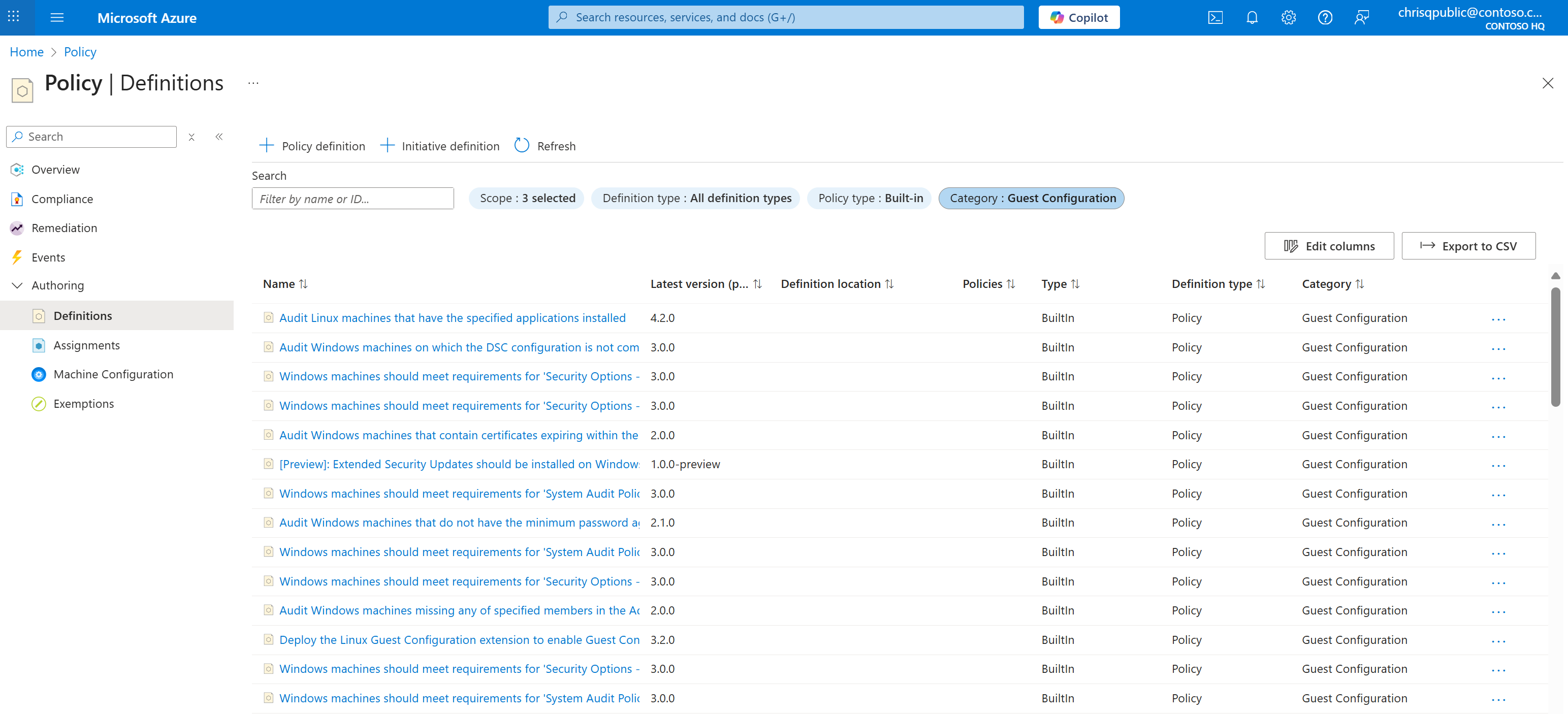 Screenshot of Azure Policy Definitions page with Guest Configuration filter applied.