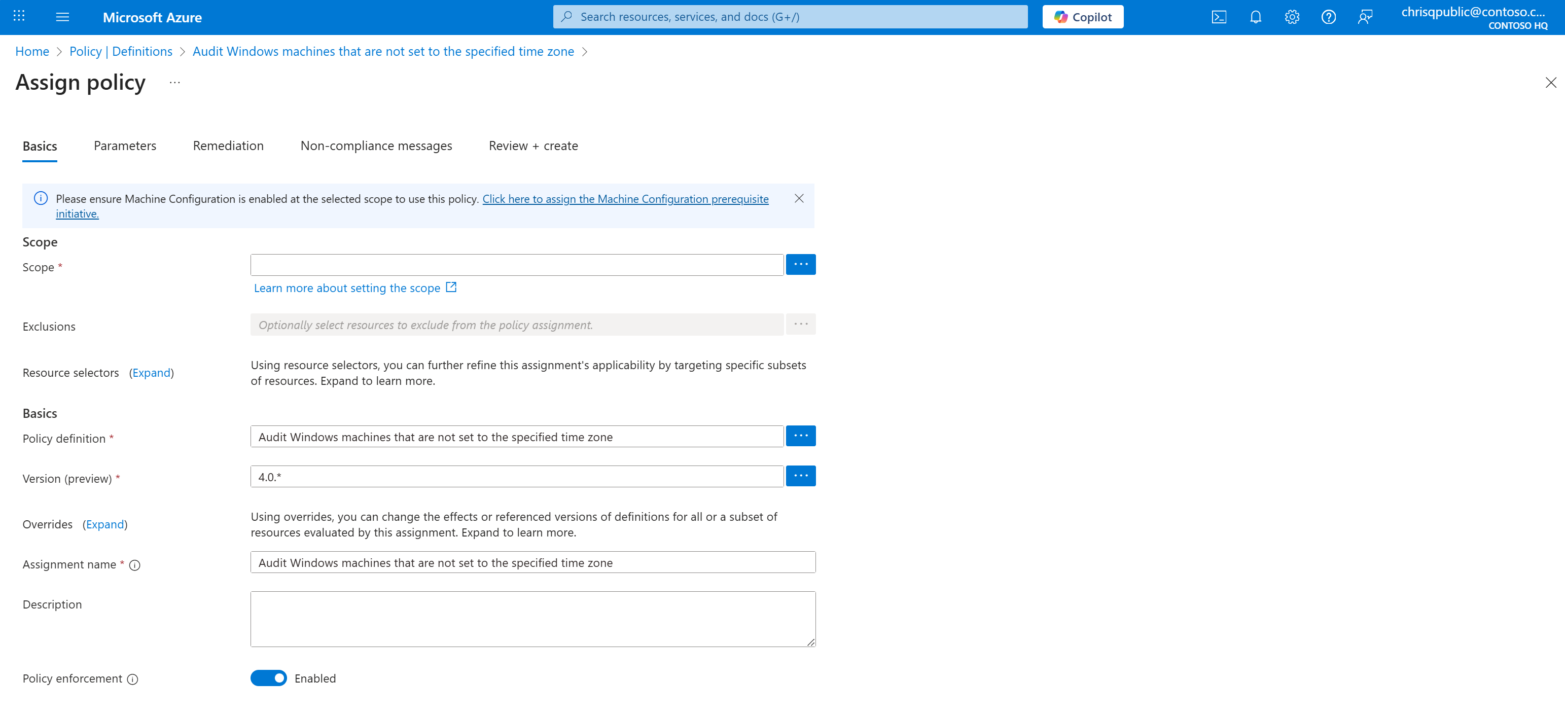 Screenshot of policy assignment Basics tab showing scope selection and prerequisites.