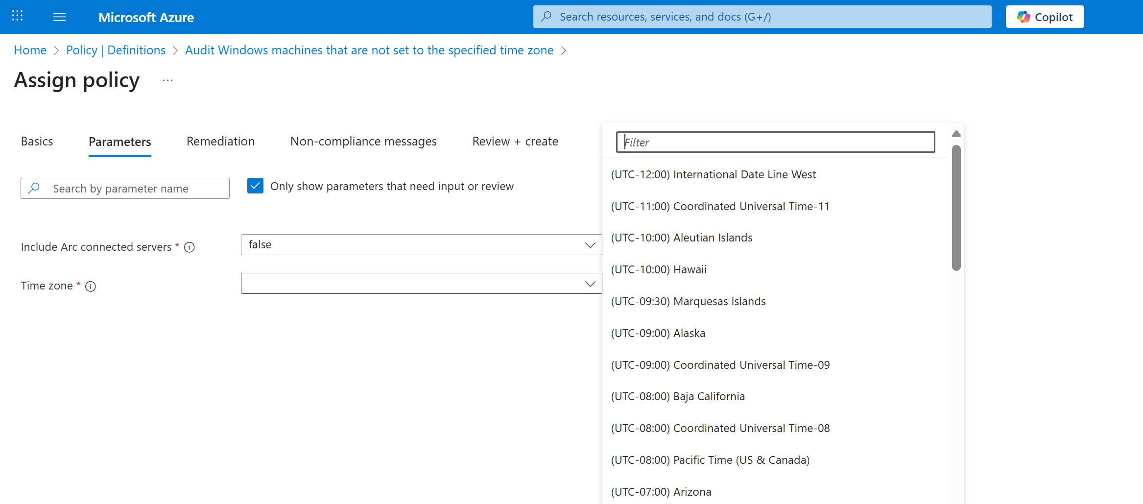 Screenshot of policy assignment Parameters tab showing Arc servers option and time zone selection.