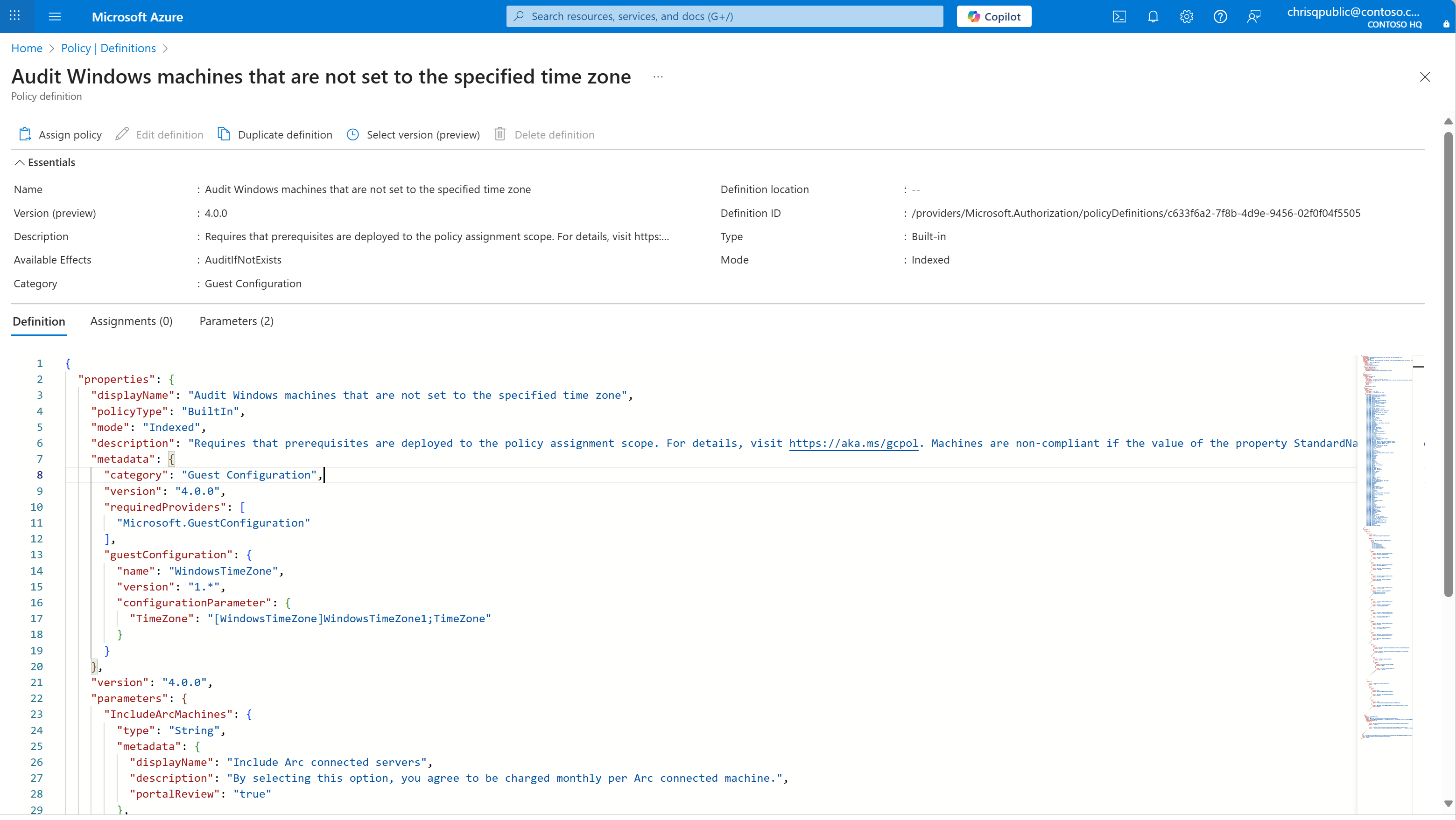 Screenshot of policy definition details page showing JSON definition and parameters.
