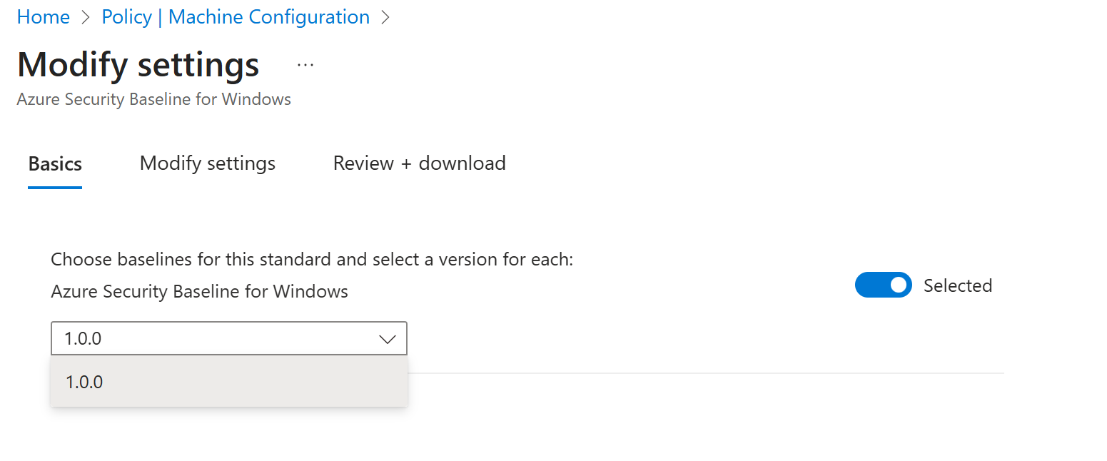 Screenshot of Azure Security Baseline version selection interface.