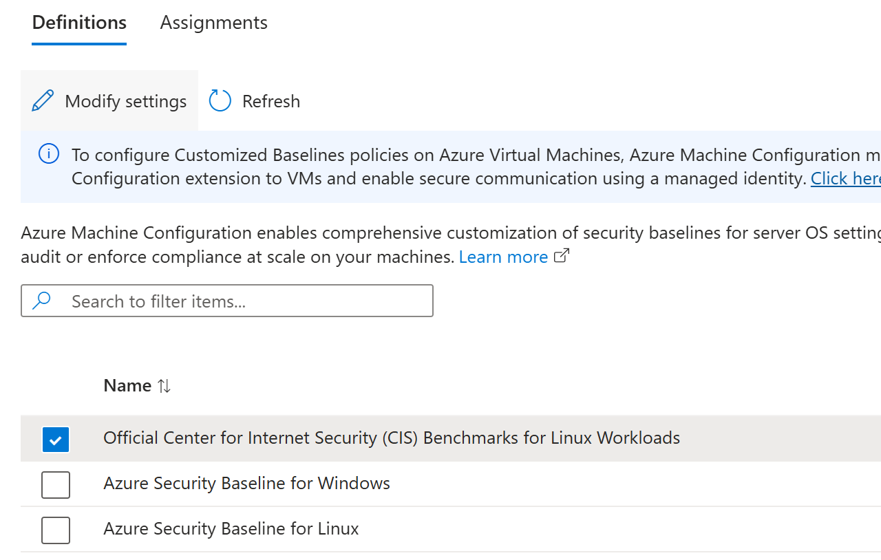 Screenshot of Modify settings button for security baseline configuration.