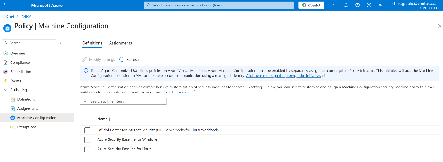 Screenshot of Azure portal showing Policy Machine Configuration Definitions tab.