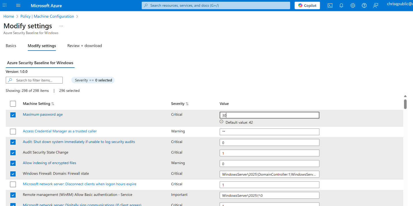 Screenshot of security baseline rules list with checkboxes and parameter value fields.