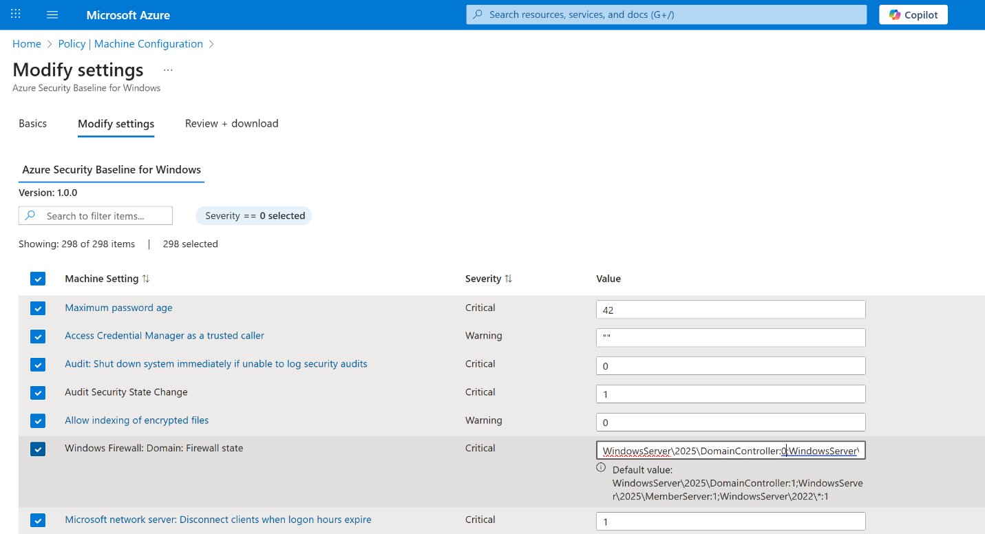 Screenshot of Windows Security Baseline parameter with formatted string input for server roles.