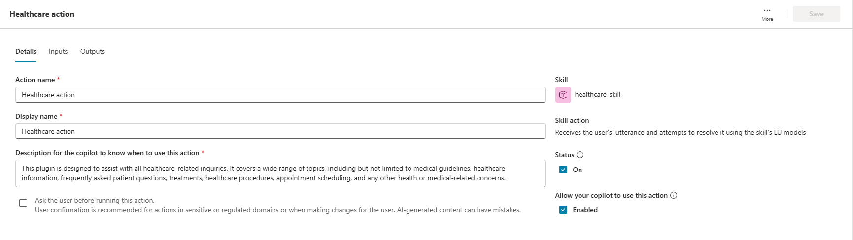 A screenshot of the copilot studio actions