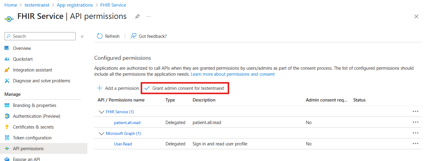 Screenshot showing Entra External ID API permissions for admin consent.