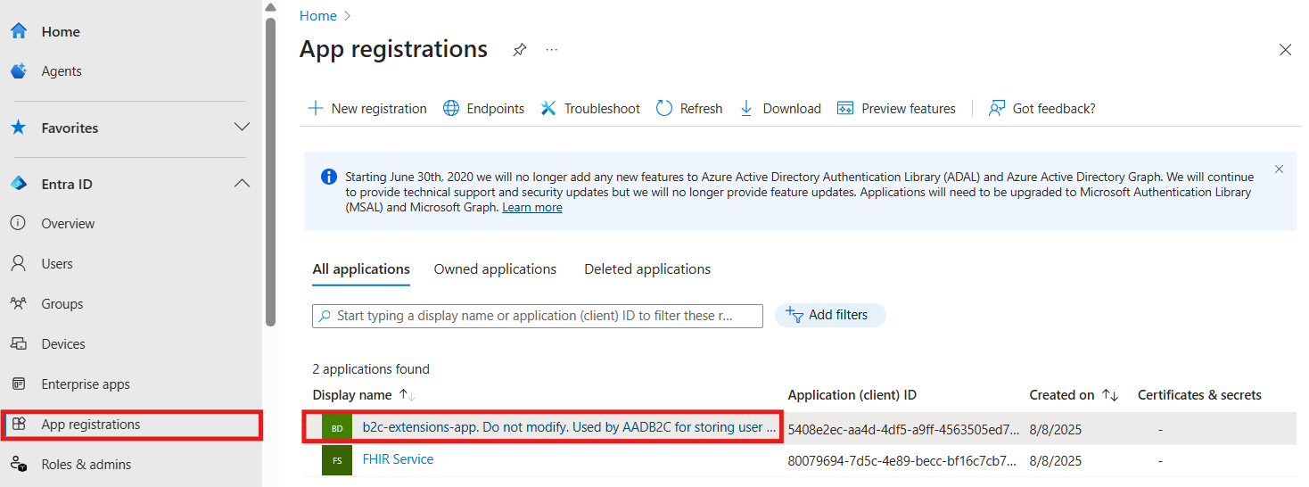 Screenshot showing Entra External ID app list.