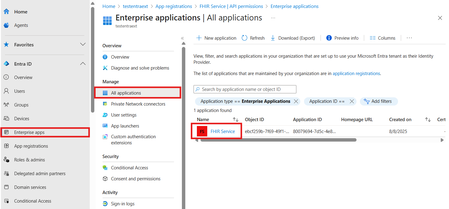 Screenshot showing the Enterprise applications page in Microsoft Entra External ID.