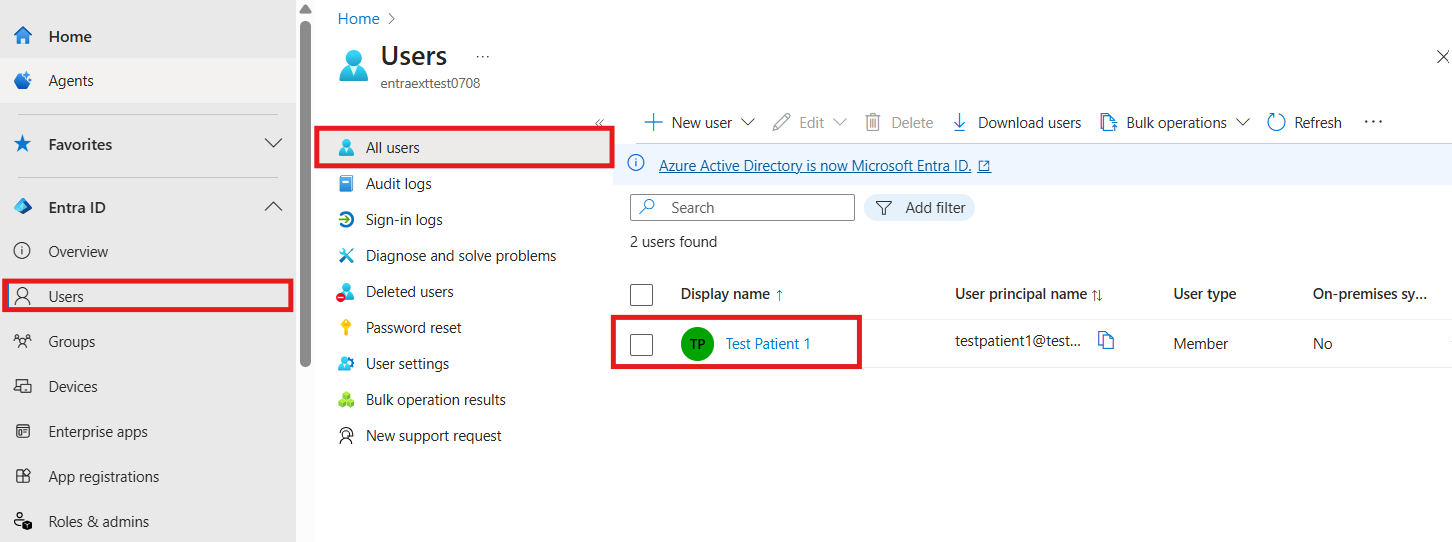 Screenshot showing Entra External ID user list.