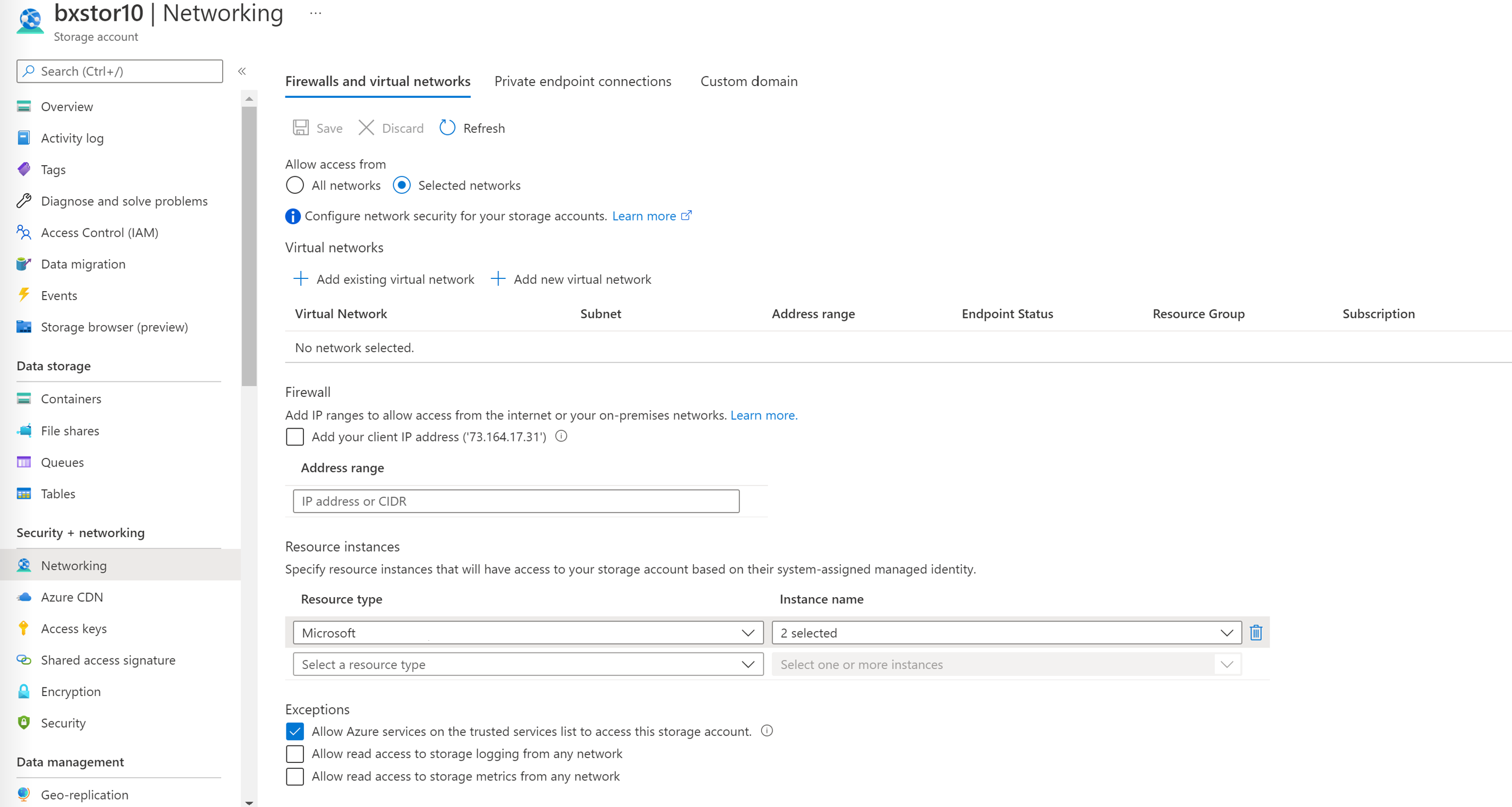 Screenshot of Azure Storage networking settings with resource type and instance names.