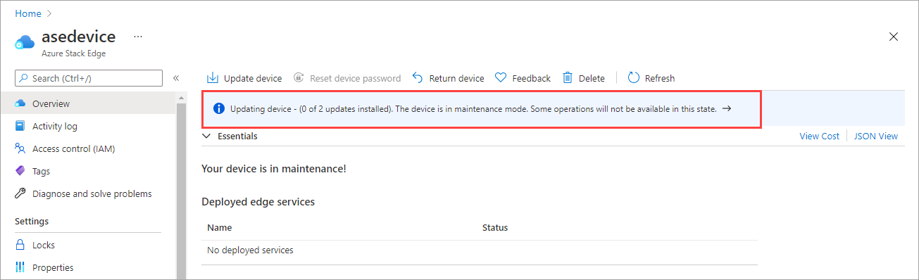 Banner notification displayed that device is in maintenance