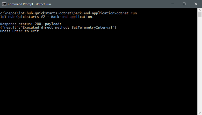 Screenshot of a terminal window that shows the result of the direct method call from the service application.