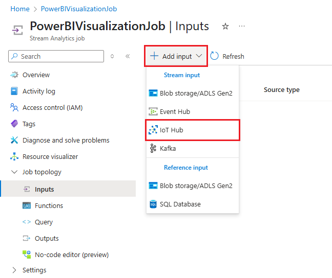 Screenshot that shows selecting IoT Hub from the Add input menu.