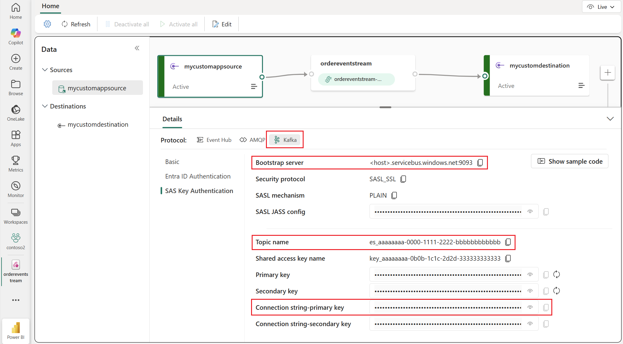 Screenshot in Microsoft Fabric that has the custom endpoint connection details.
