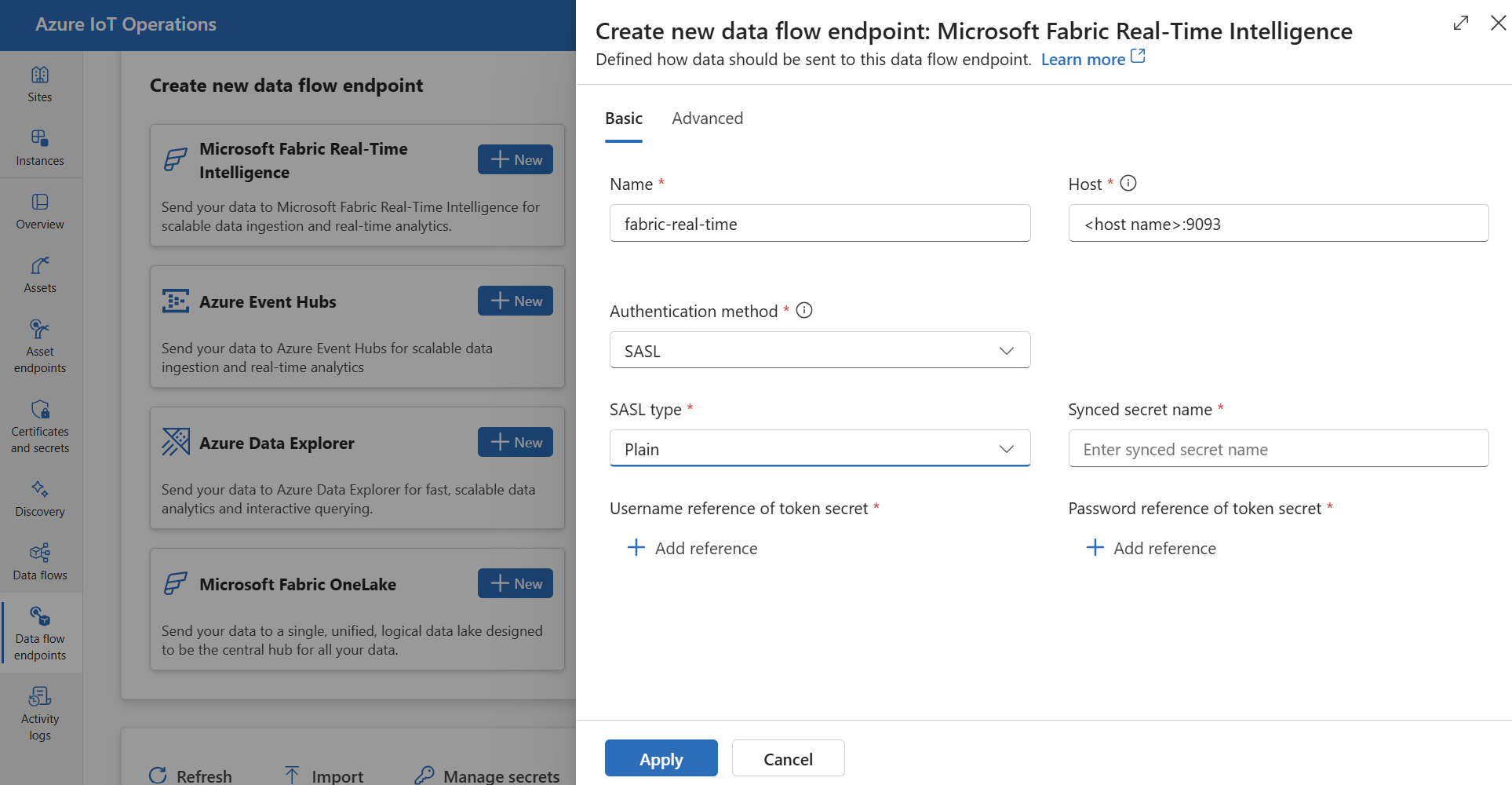 Screenshot using operations experience to create a new Fabric Real-Time Intelligence data flow endpoint.