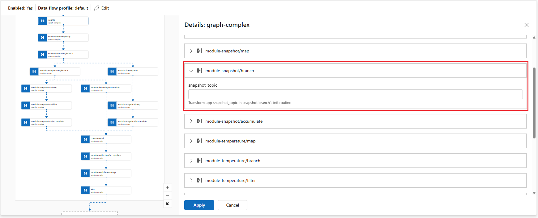 Screenshot of the operations experience interface showing how to configure a complex data flow graph.