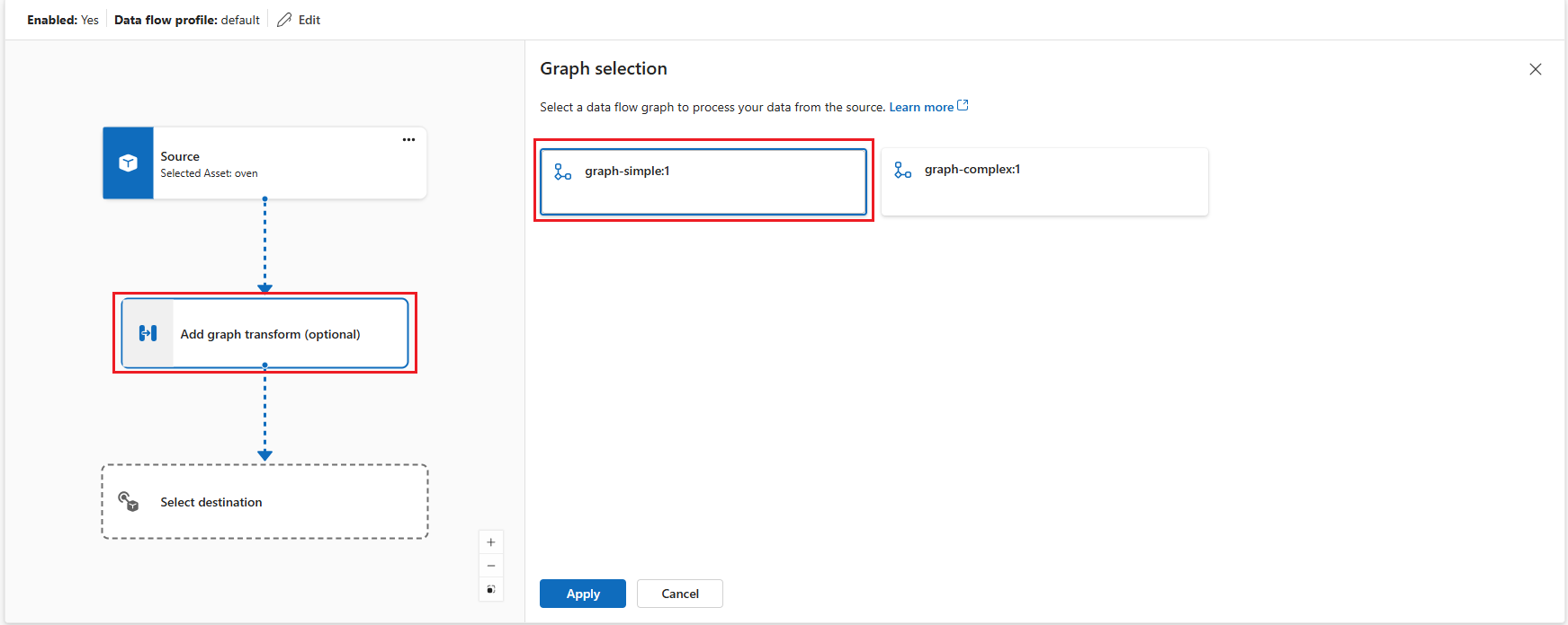 Screenshot of the operations experience interface showing how to create a simple data flow graph.