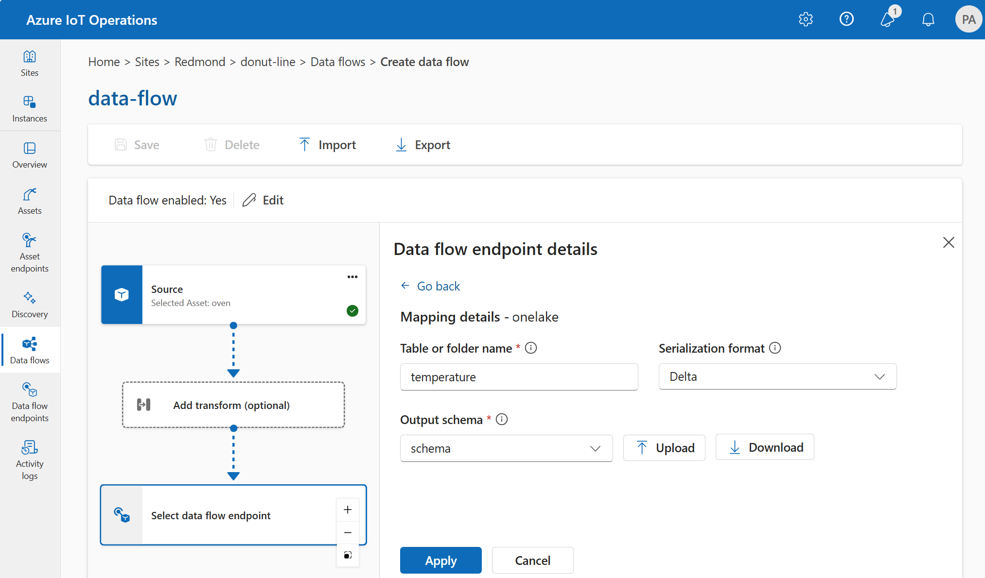 Screenshot using the operations experience to set the data flow destination endpoint serialization.