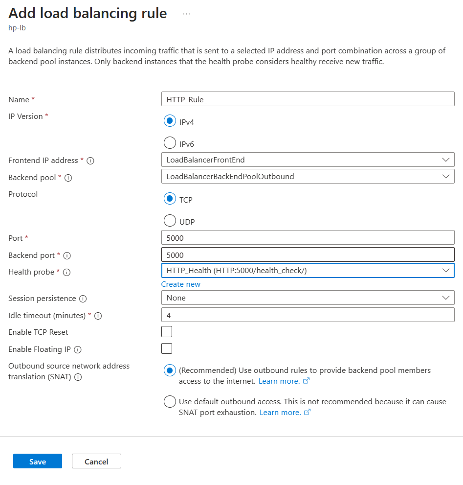 Screenshot of Add load balancing rule with settings for custom health probe.