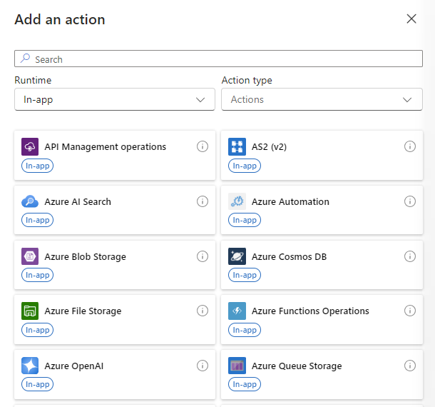 Screenshot shows Azure portal, Standard workflow designer, and connectors based on whether Built-in or Shared is selected.