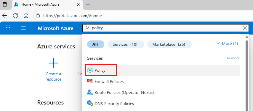 Screenshot shows the Azure portal search box with policy entered and Policy highlighted.