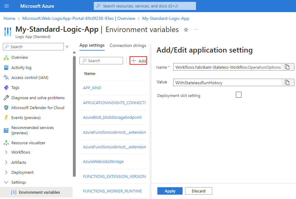 Screenshot shows Standard logic app with open Environment variables page and open pane for Add/Edit application setting.