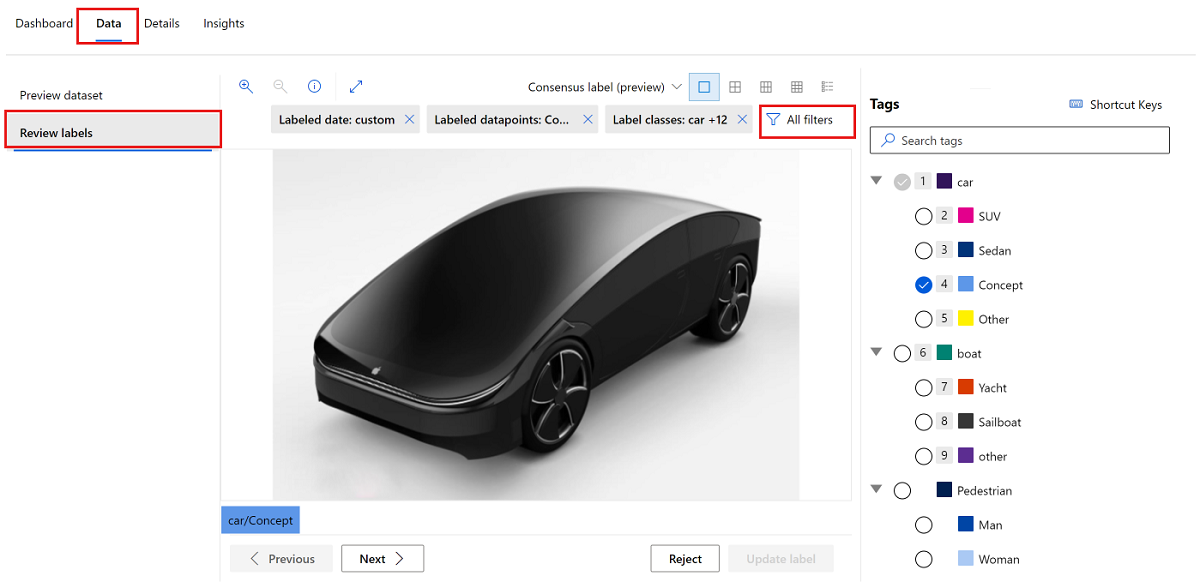 Screenshot that shows how to select filters to review consensus label problems.
